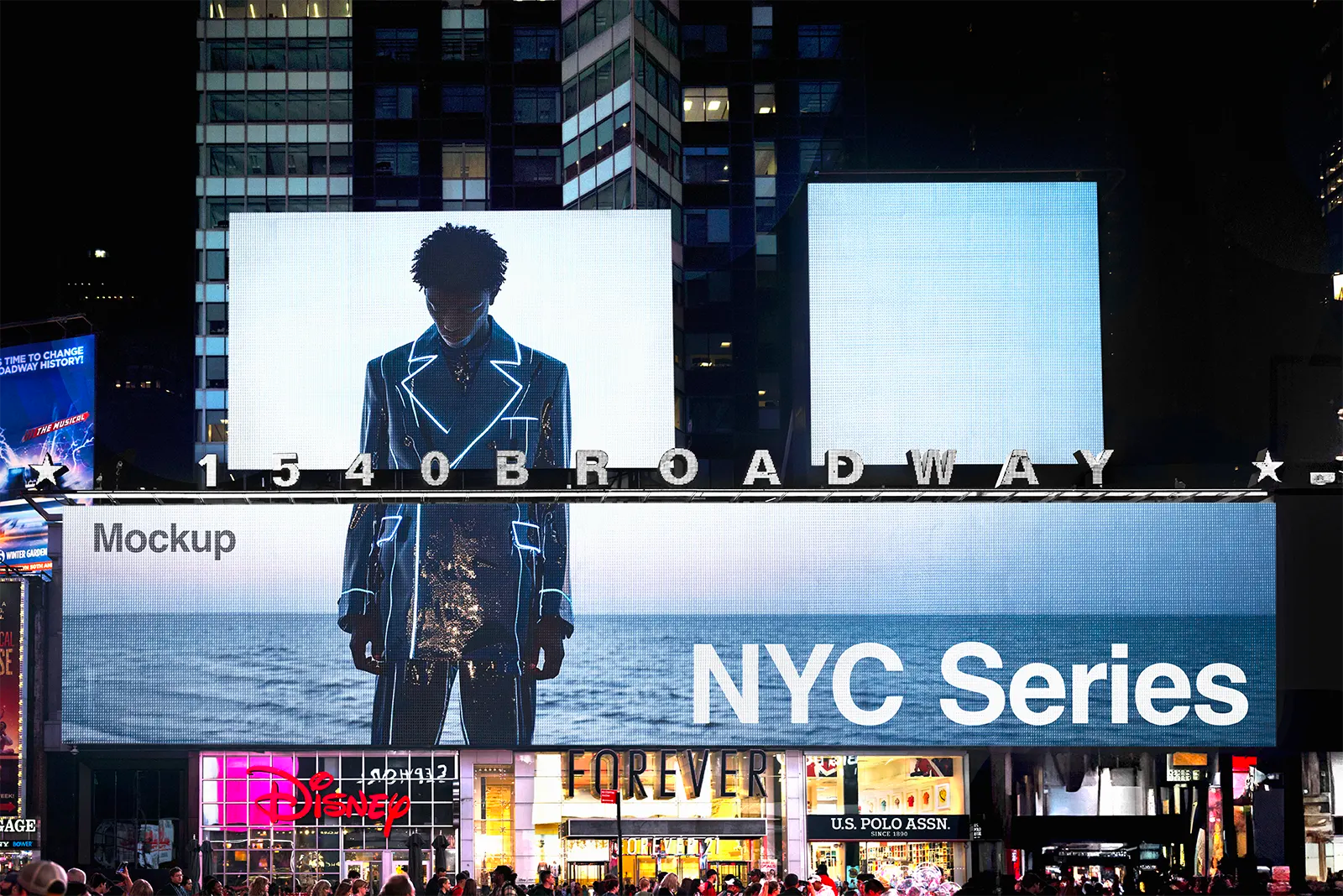 Giant Billboard mockup on Times square and Broadway in New York, United States. PSD Mockup on Photoshop for your design 1