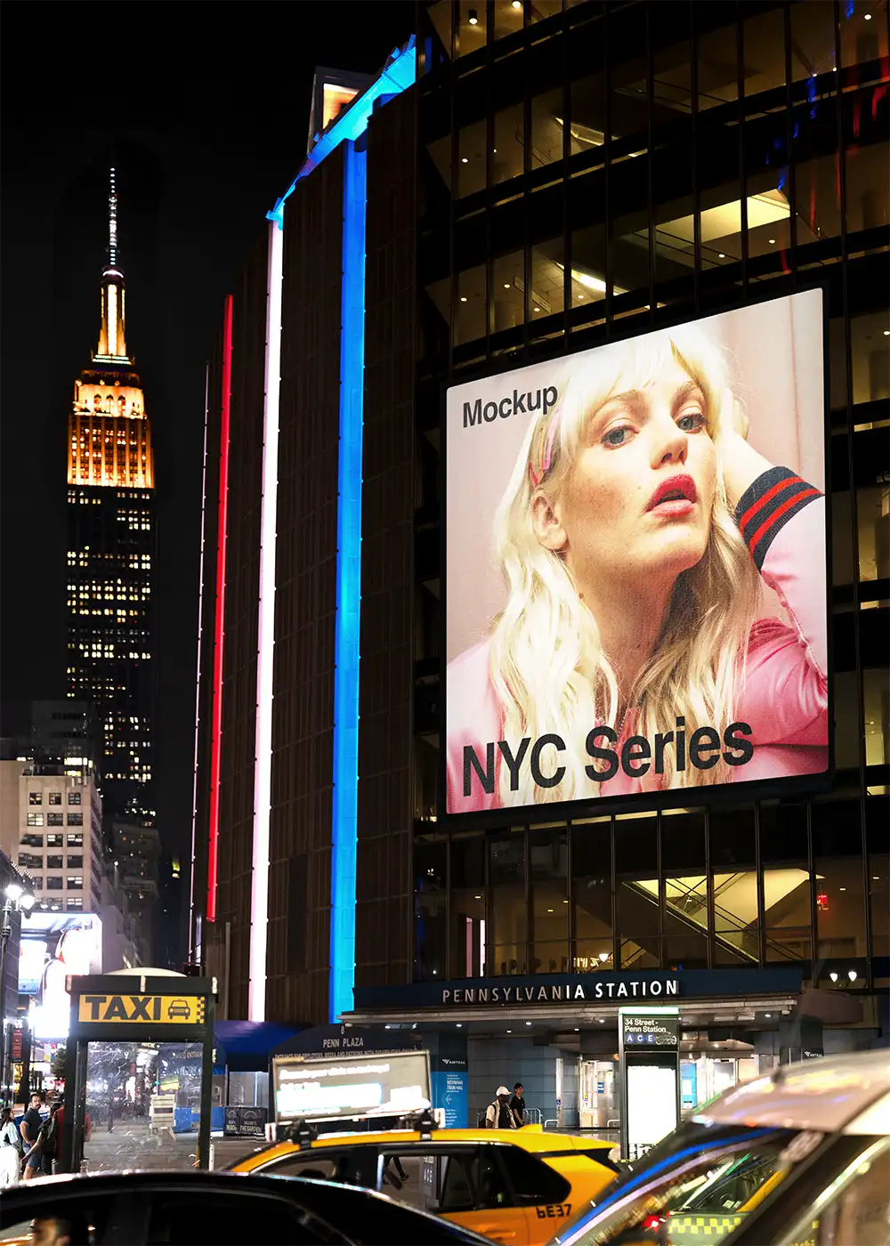 Billboard on Times Square against the backdrop of the Empire State Building