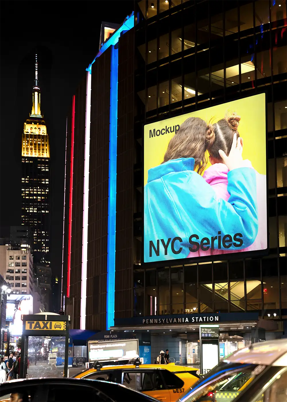 Billboard on Times Square against the backdrop of the Empire State Building