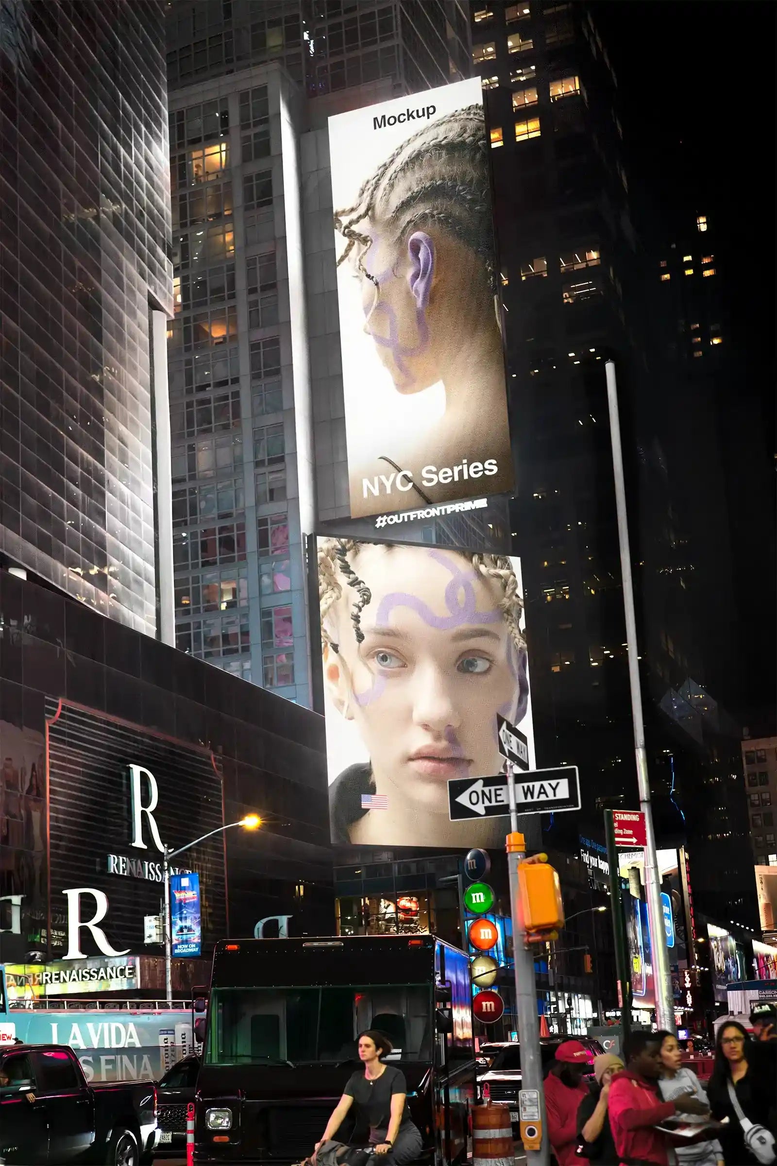 Billboard mockup on Times square in New York, United States. PSD Mockup on Photoshop for your design