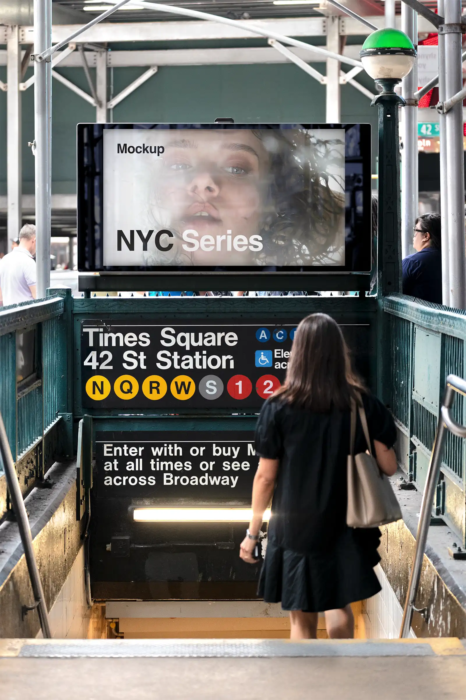 Digital billboard mockup at a subway entrance on Times Square in New York