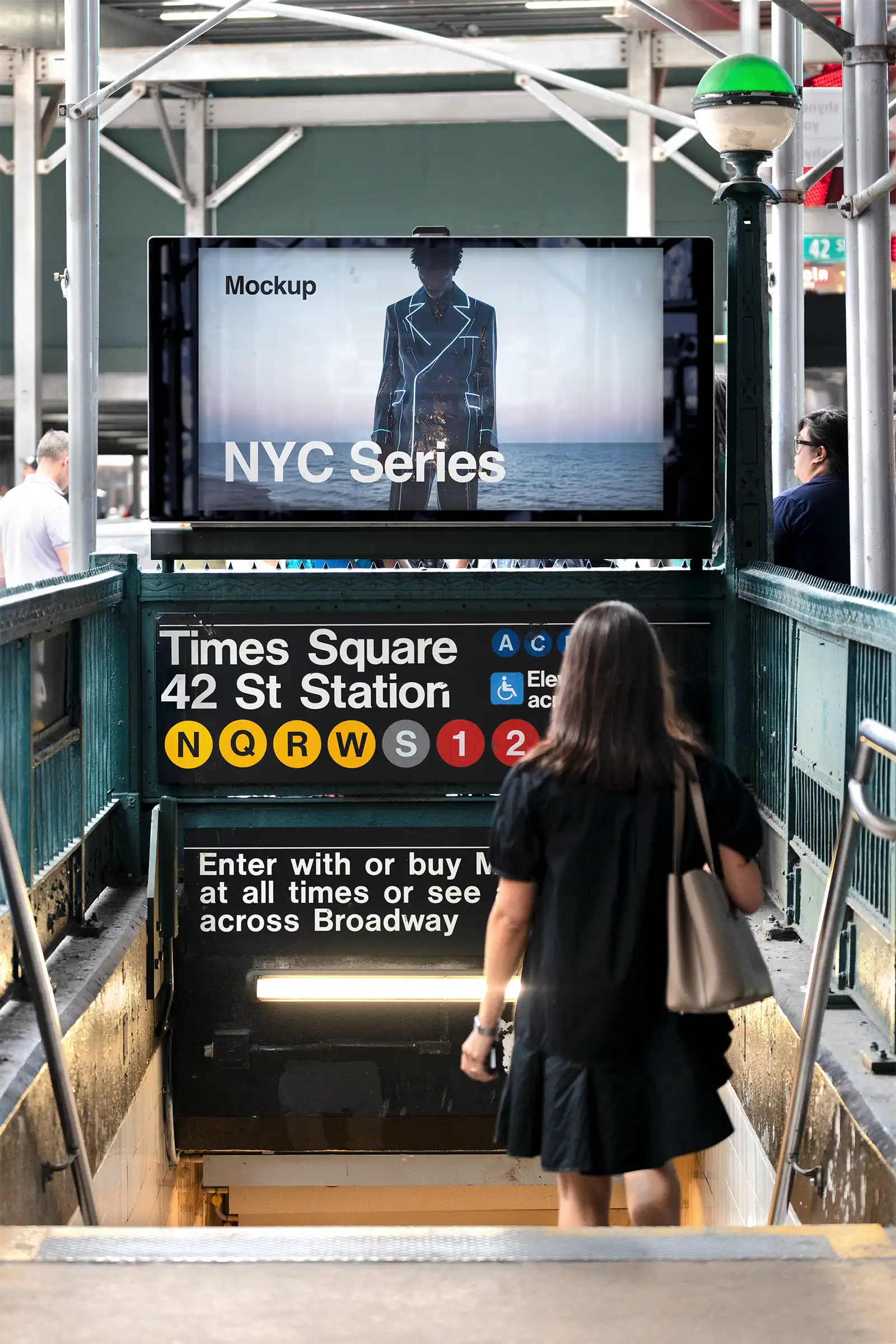 Digital billboard mockup at a subway entrance on Times Square in New York