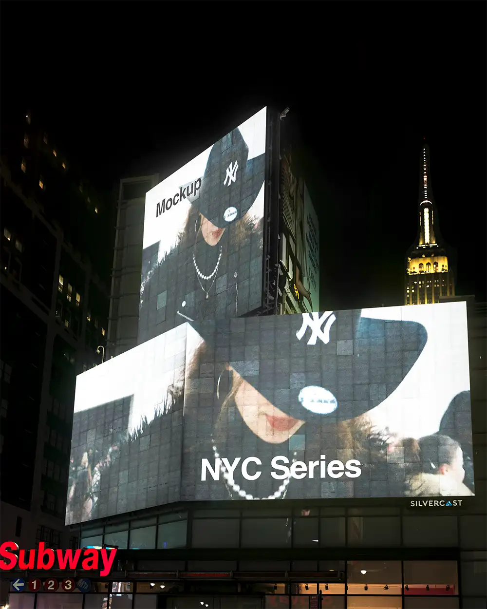 Billboard mockup in Times Square with the  Empire State Building in the background.
