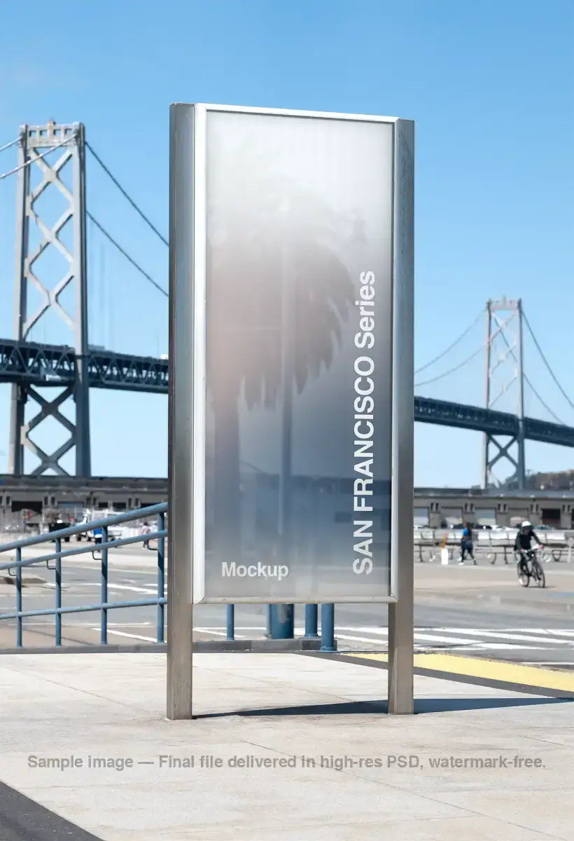 Poster mockup in front of the Bay Bridge in San Francisco