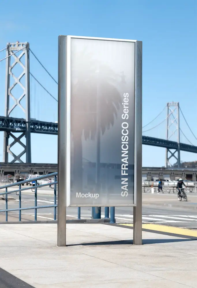 Poster mockup in front of the Bay Bridge in San Francisco