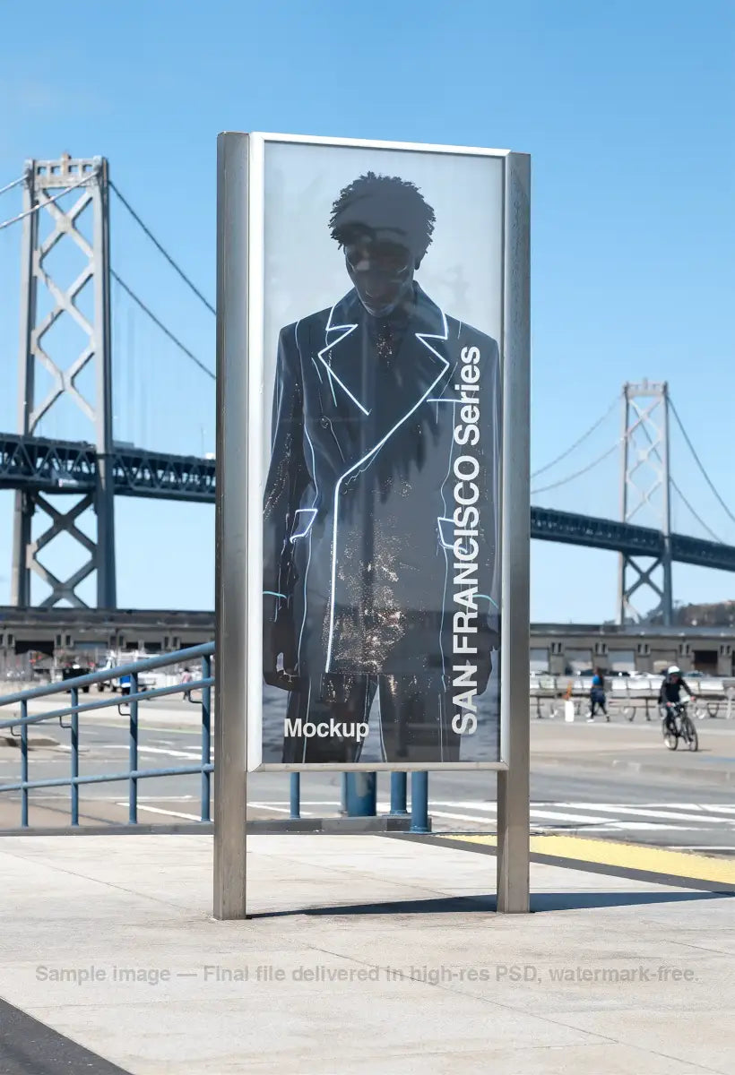 Poster mockup in front of the Bay Bridge in San Francisco