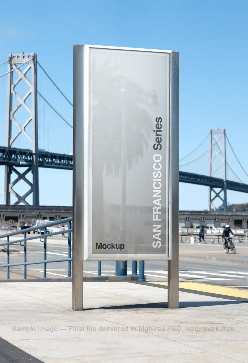 Poster mockup in front of the Bay Bridge in San Francisco