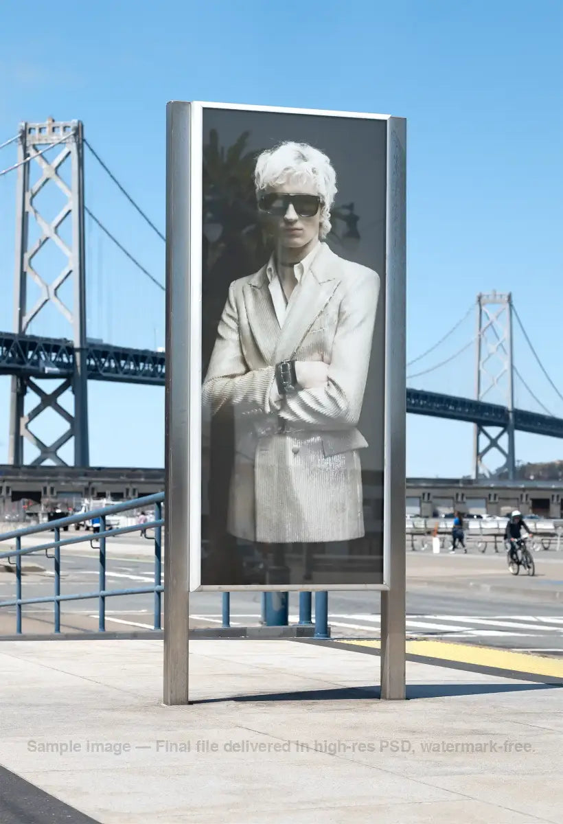 Poster mockup in front of the Bay Bridge in San Francisco