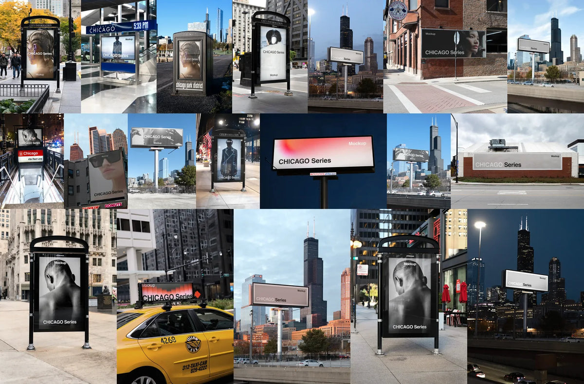 Chicago mockup bundle, billboards, bus shelters and CTA street panels