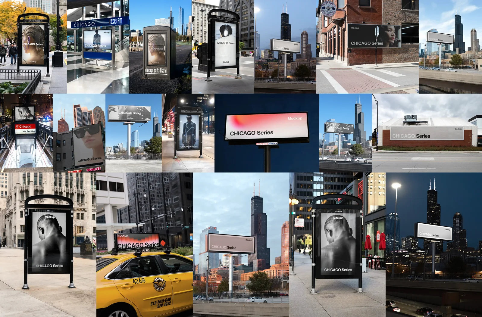 Chicago mockup bundle, billboards, bus shelters and CTA street panels