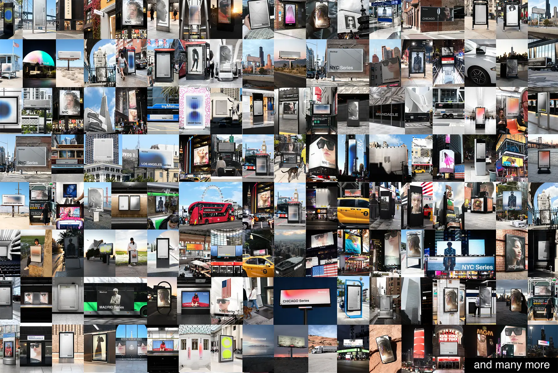 Brandacle mockup bundle - billboards, posters, banners, iphone, vehicles, macbook and more, in New York, London, Los Angeles, Paris, Barcelona, Miami, San Francisco, Chicago, Las Vegas, Times Square, Madrid, Copenhagen, Zurich, Valencia, Basel, Lucerne, and more