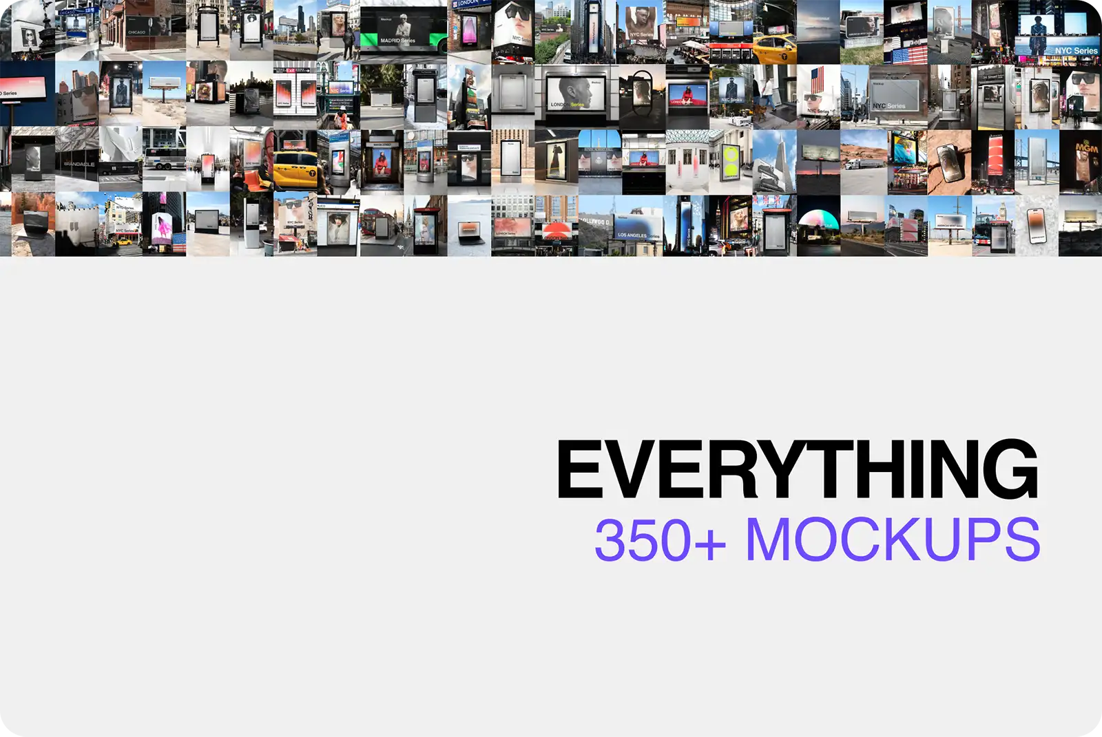 Brandacle mockup bundle - billboards, posters, banners, iphone, vehicles, macbook and more, in New York, London, Los Angeles, Paris, Barcelona, Miami, San Francisco, Chicago, Las Vegas, the American West, Utah, Nevada, Times Square, Madrid, Copenhagen, Zurich, Valencia, Basel, Lucerne, and more