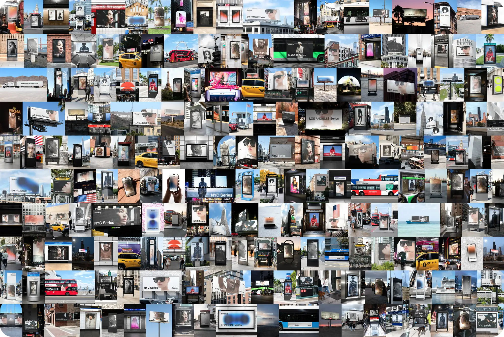 Brandacle mockup bundle - billboards, posters, banners, iphone, vehicles, macbook and more, in New York, London, Los Angeles, Paris, Barcelona, Miami, San Francisco, Chicago, Las Vegas, the American West, Utah, Nevada, Times Square, Madrid, Copenhagen, Zurich, Valencia, Basel, Lucerne, and more