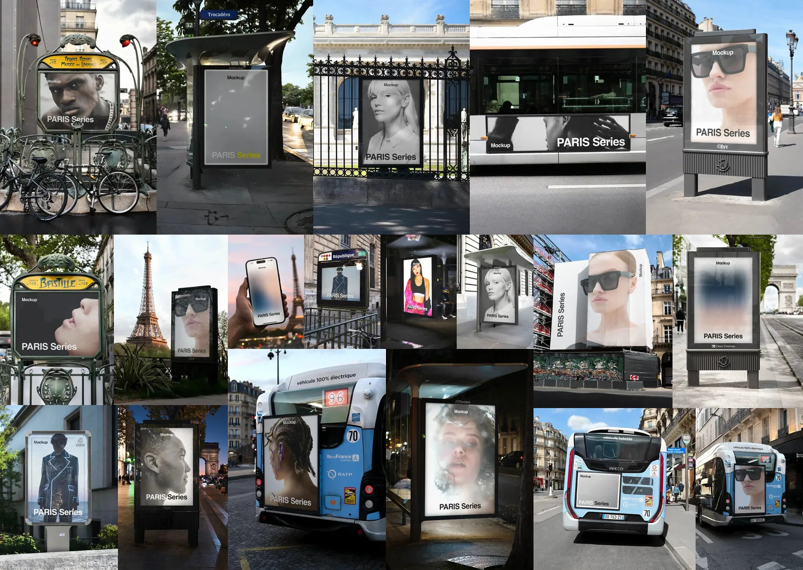 The 19 Paris mockups in the bundle, on bus shelters, metro entrances, RATP buses and an iPhone