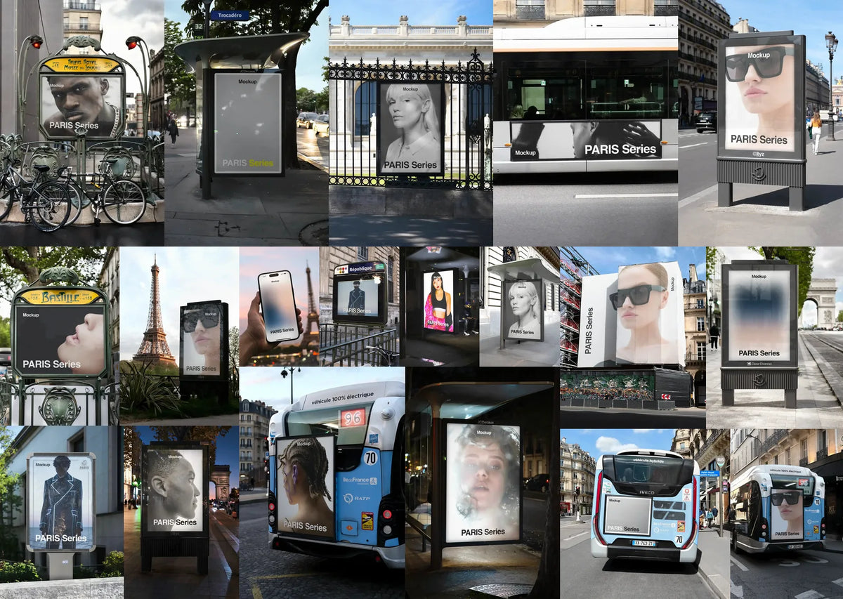 The 19 Paris mockups in the bundle, on bus shelters, metro entrances, RATP buses and an iPhone
