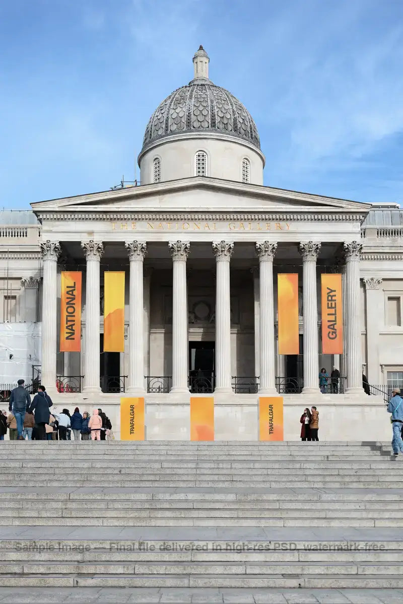 Banners and posters mockup on the National Gallery on Trafalgar Square in London - Brandacle