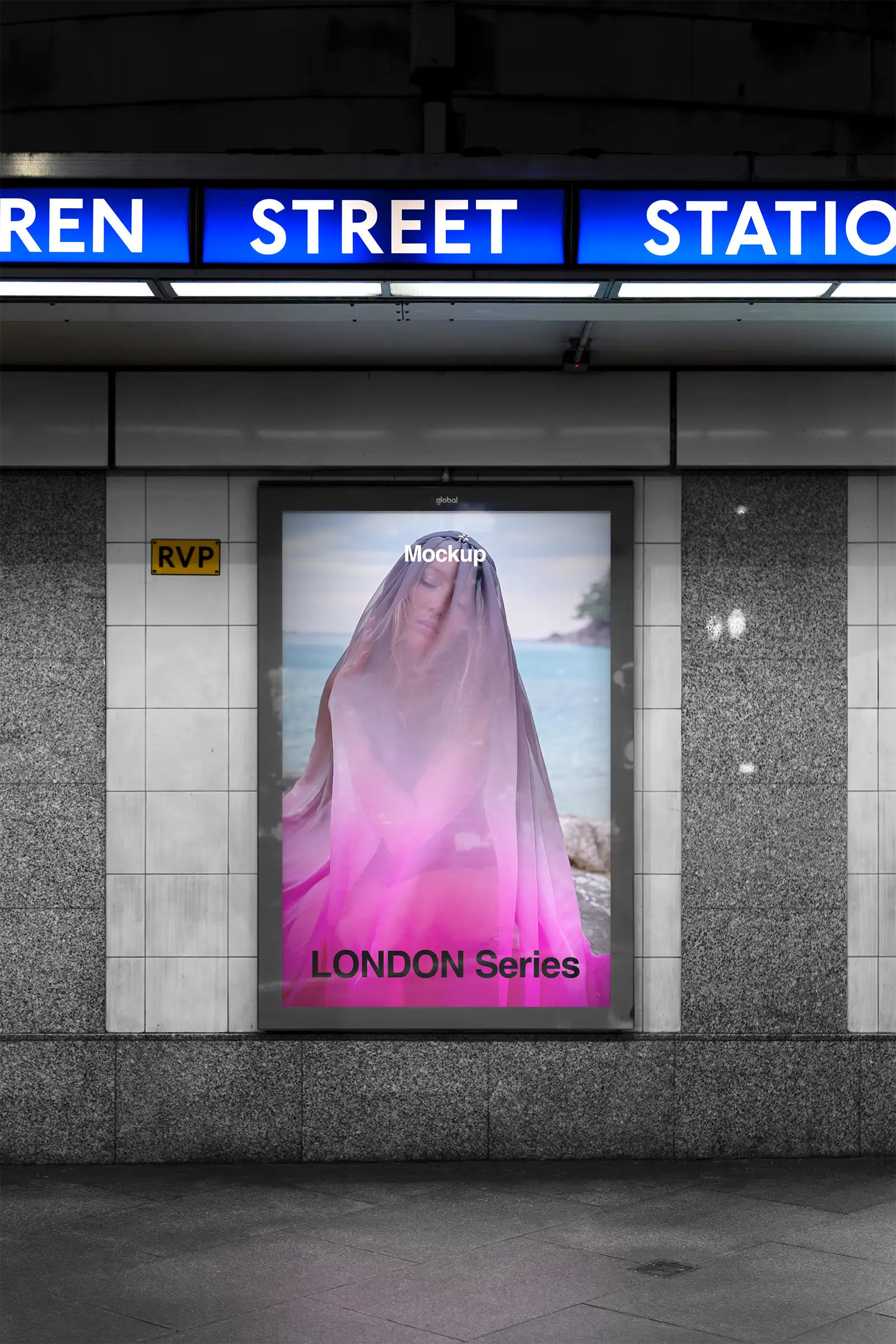 Poster mockup at warren street station in the london underground - BRANDACLE