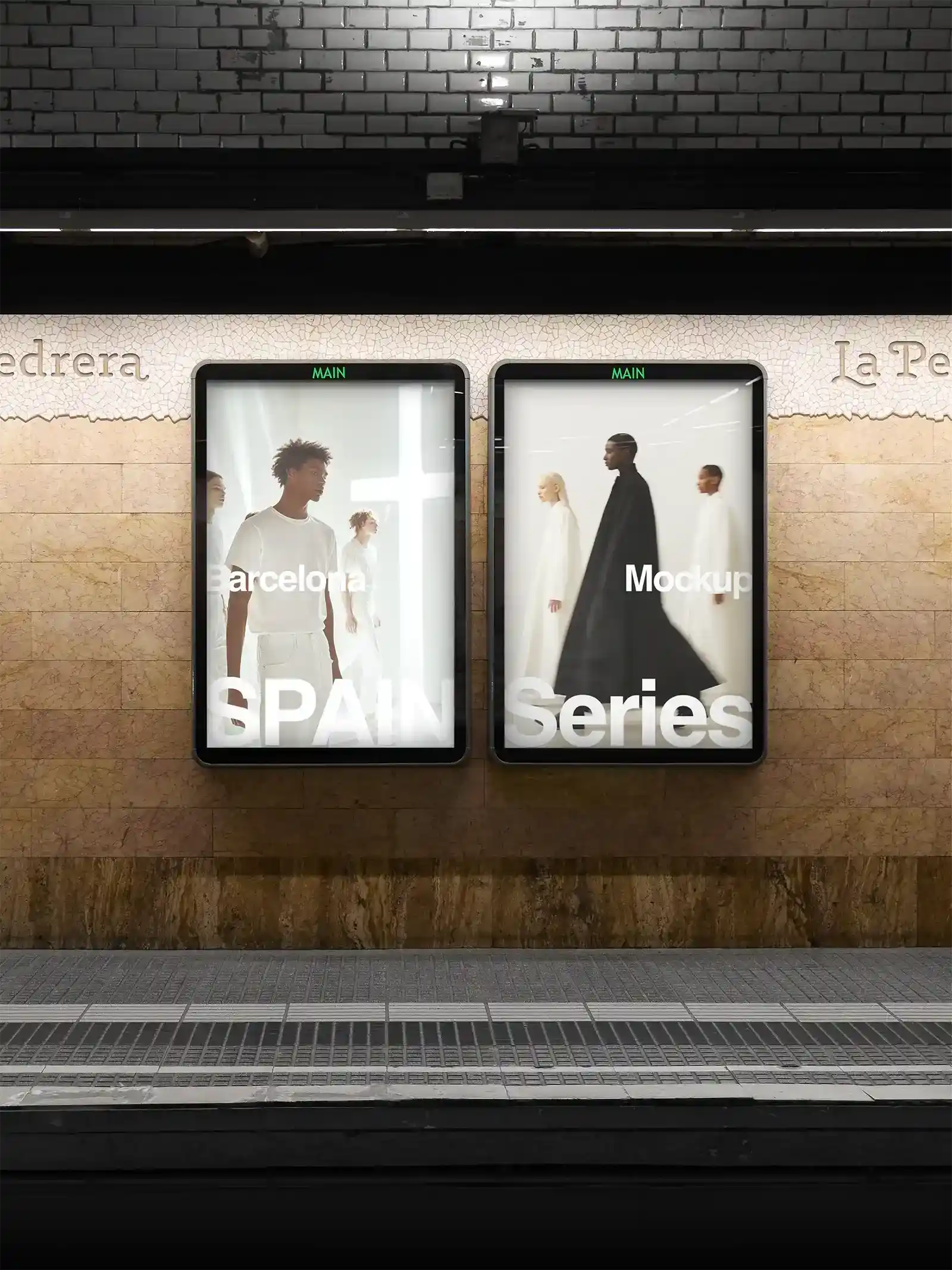 Billboard mockup in Barcelona subway underground, Spain. 