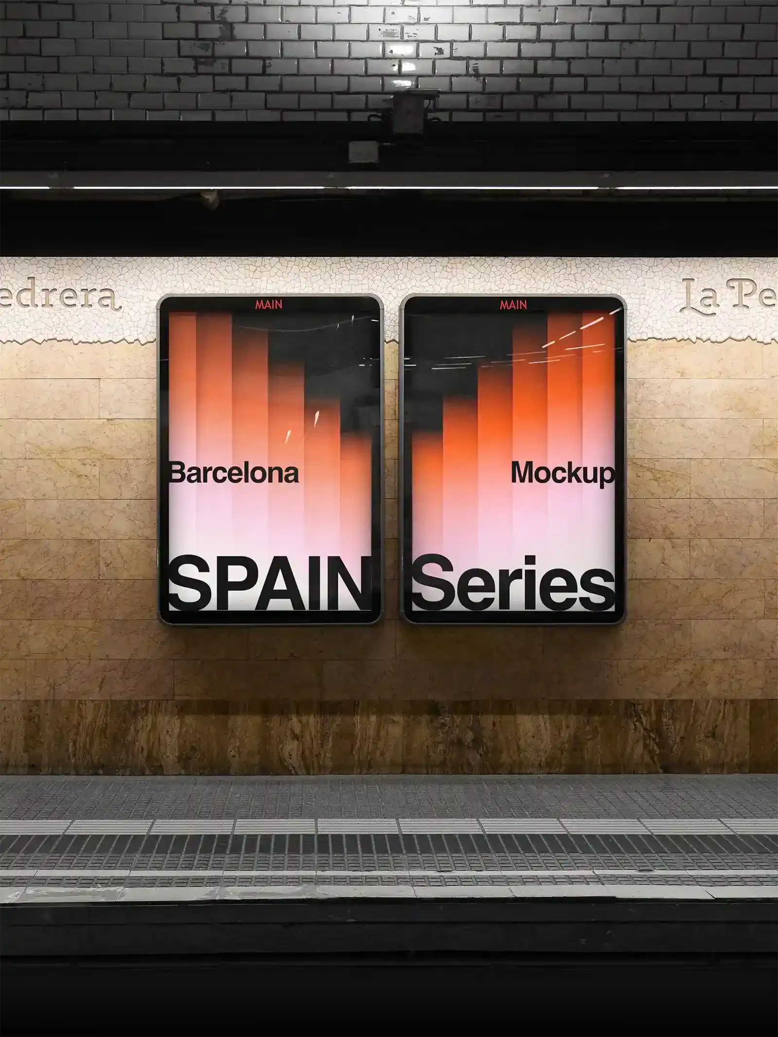 Billboard mockup in Barcelona subway underground, Spain. 