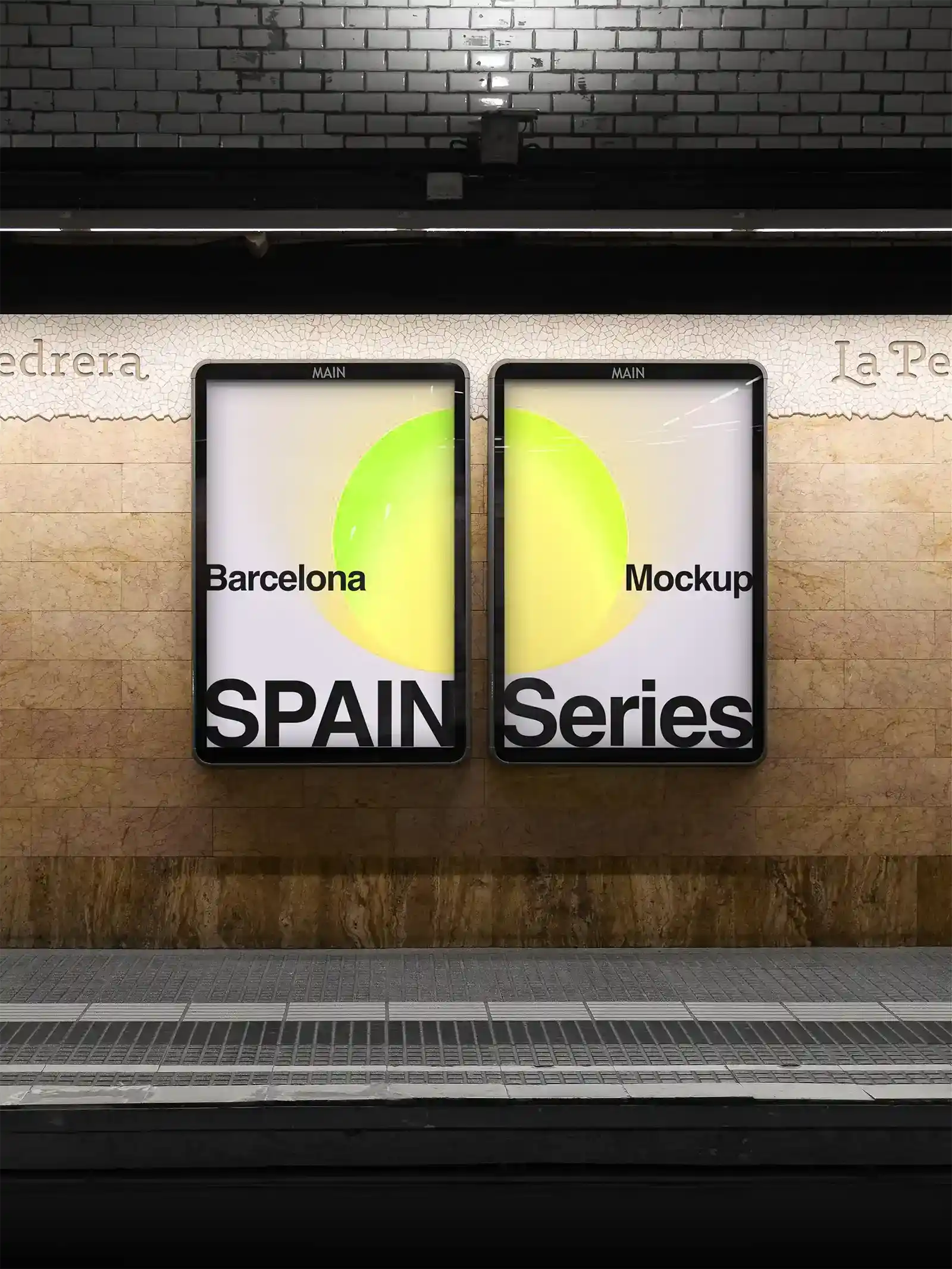 Billboard mockup in Barcelona subway underground, Spain. 