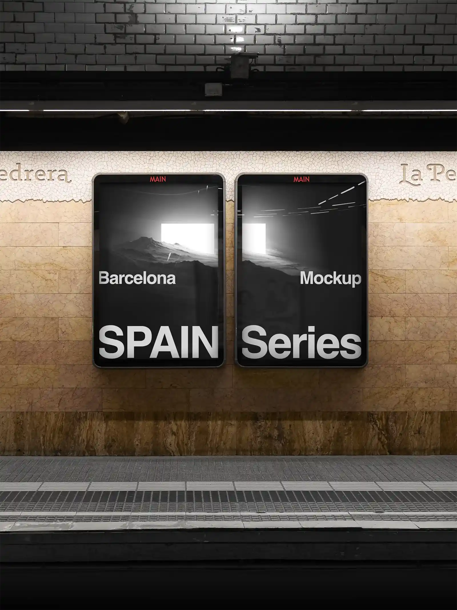 Billboard mockup in Barcelona subway underground, Spain. 