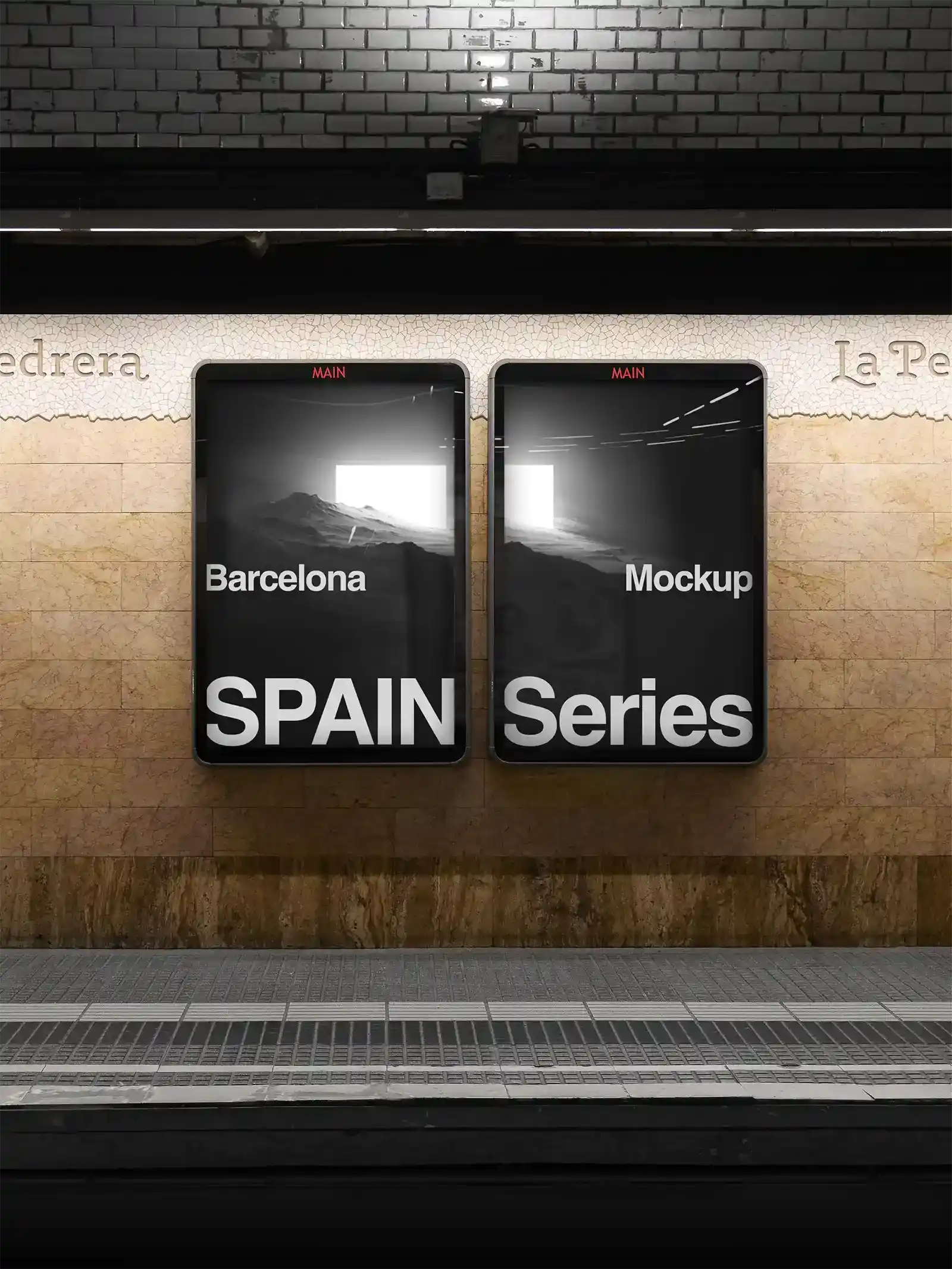 Billboard mockup in Barcelona subway underground, Spain. 