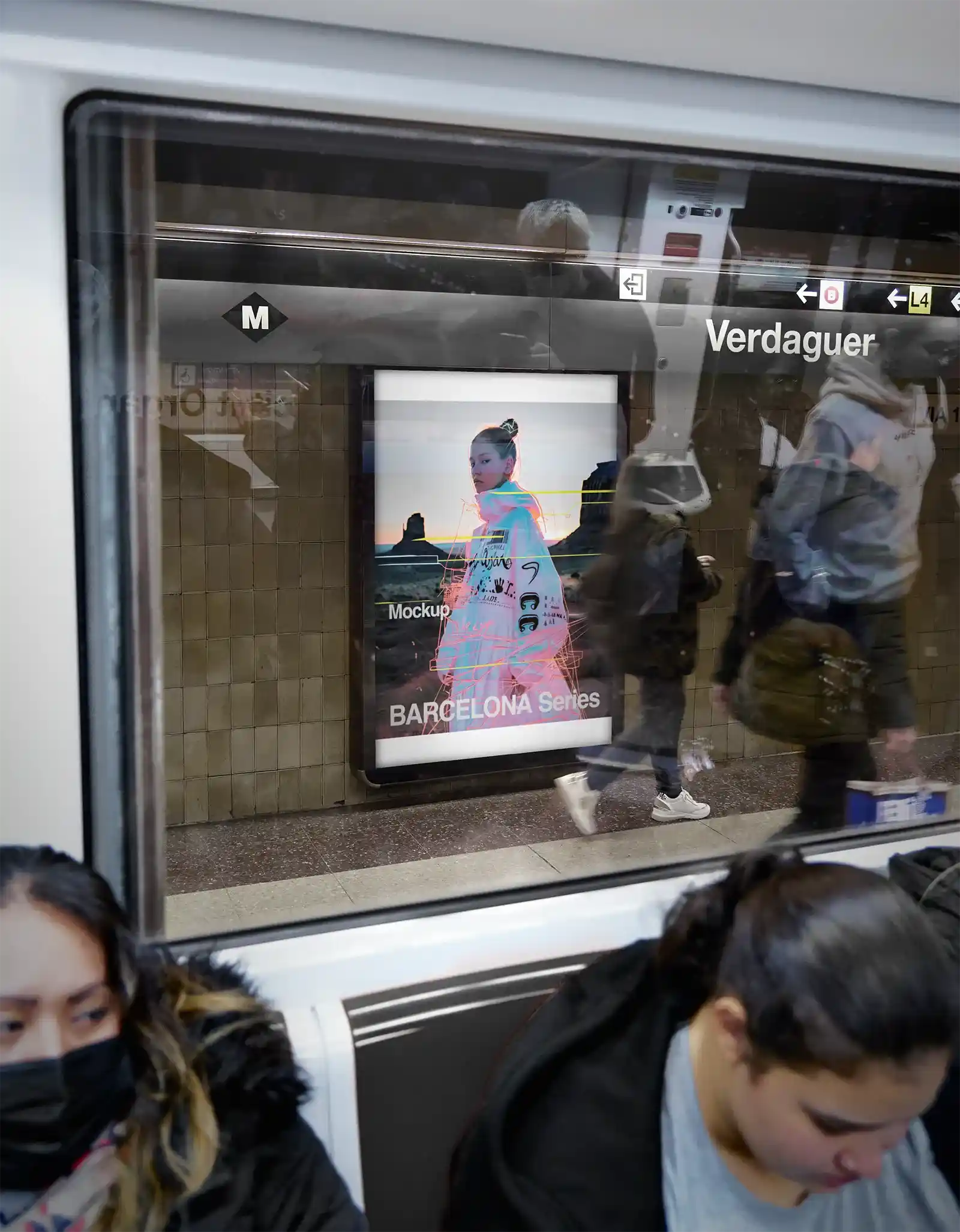 Billboard mockup in Barcelona subway underground, Spain.