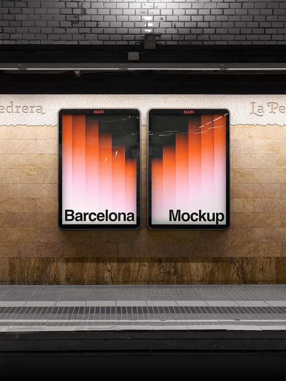 Poster mockup in Barcelona subway underground, Spain. © BRANDACLE MOCKUPS 2026. All rights reserved.