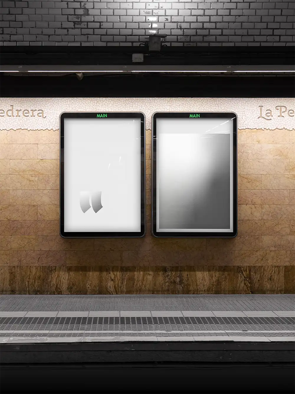Poster mockup in Barcelona subway underground, Spain. © BRANDACLE MOCKUPS 2026. All rights reserved.