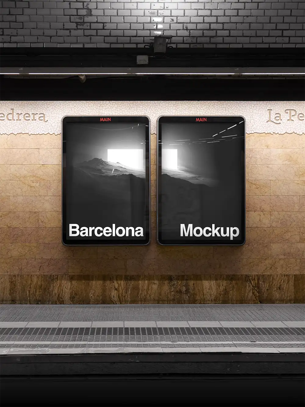Poster mockup in Barcelona subway underground, Spain. © BRANDACLE MOCKUPS 2026. All rights reserved.
