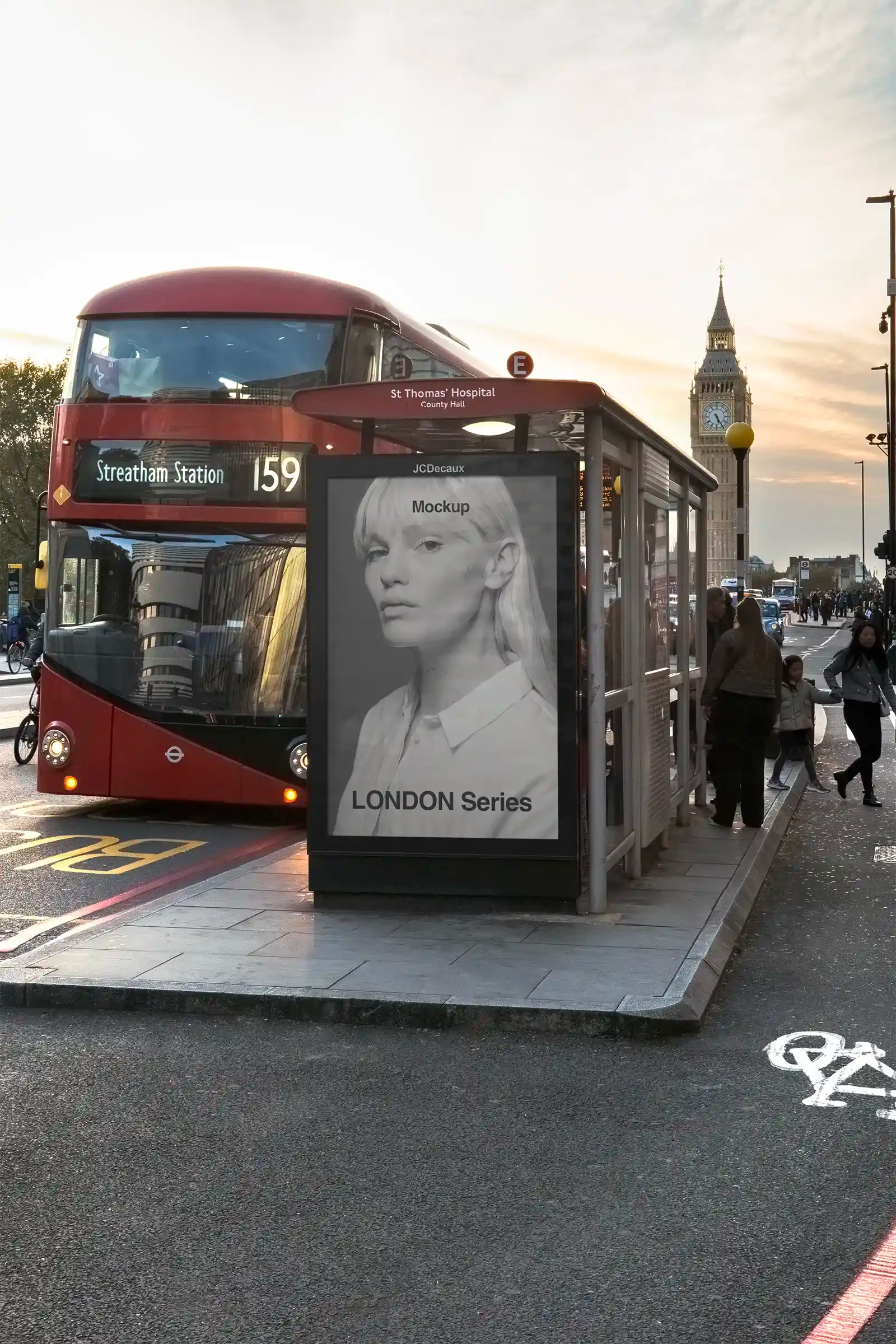 Billboard mockup in Westminster, Big Ben, London, UK. PSD Mockup on Photoshop for your design at a bus shelter 1