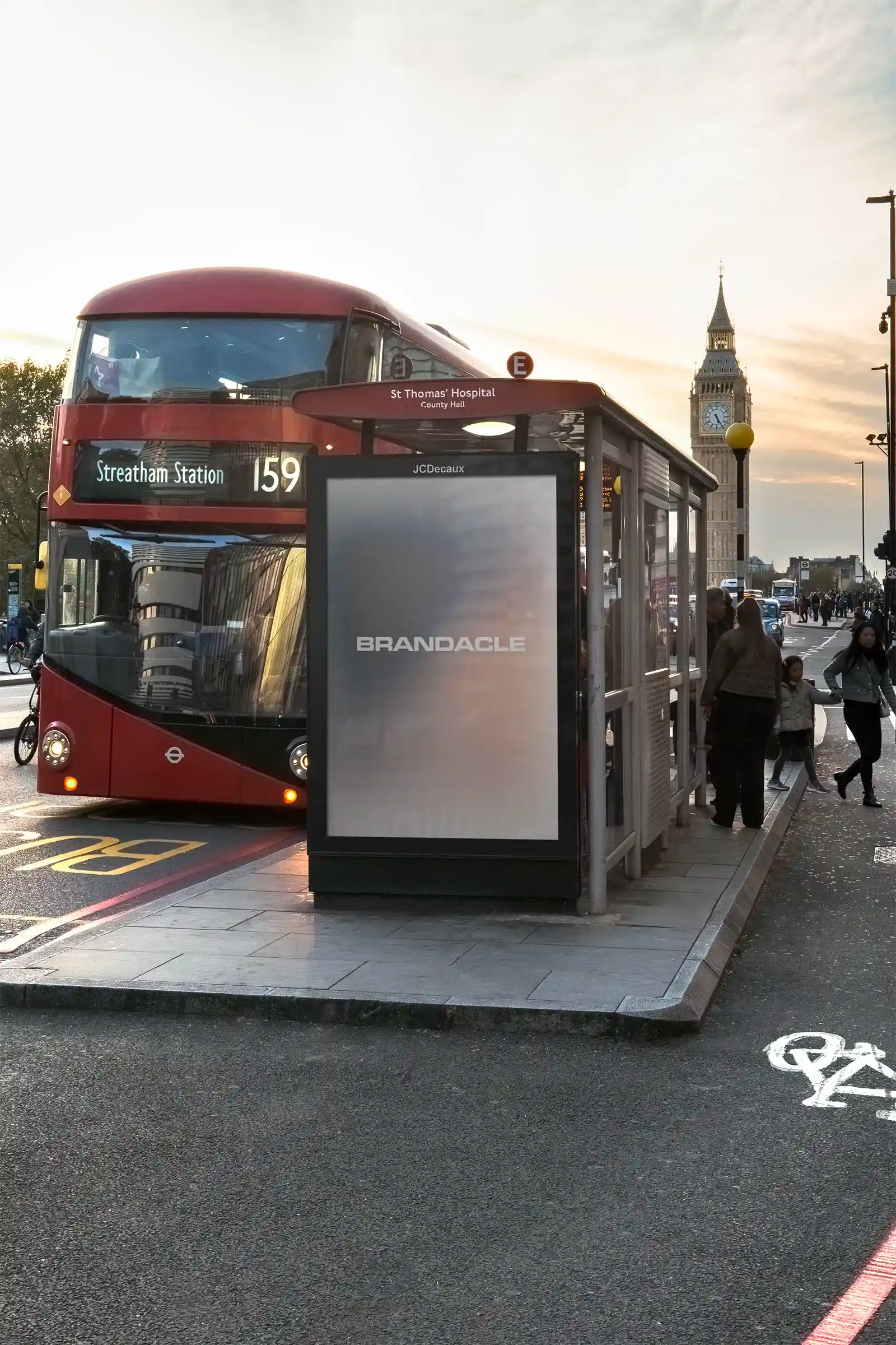 Billboard mockup in Westminster, Big Ben, London, UK. PSD Mockup on Photoshop for your design at a bus shelter 2