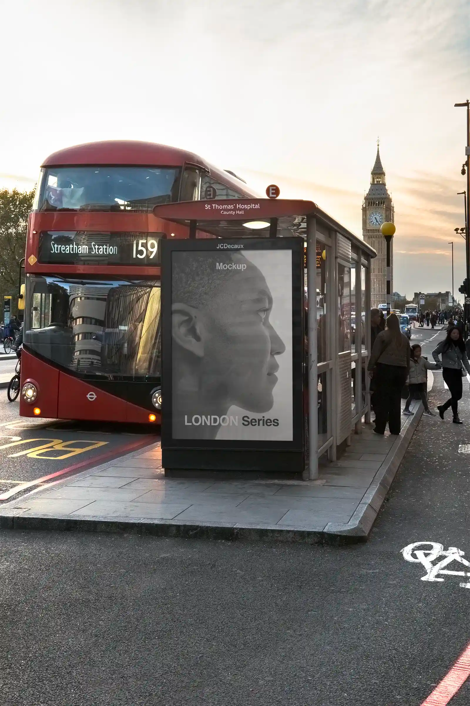 Billboard mockup in Westminster, Big Ben, London, UK. PSD Mockup on Photoshop for your design at a bus shelter 3