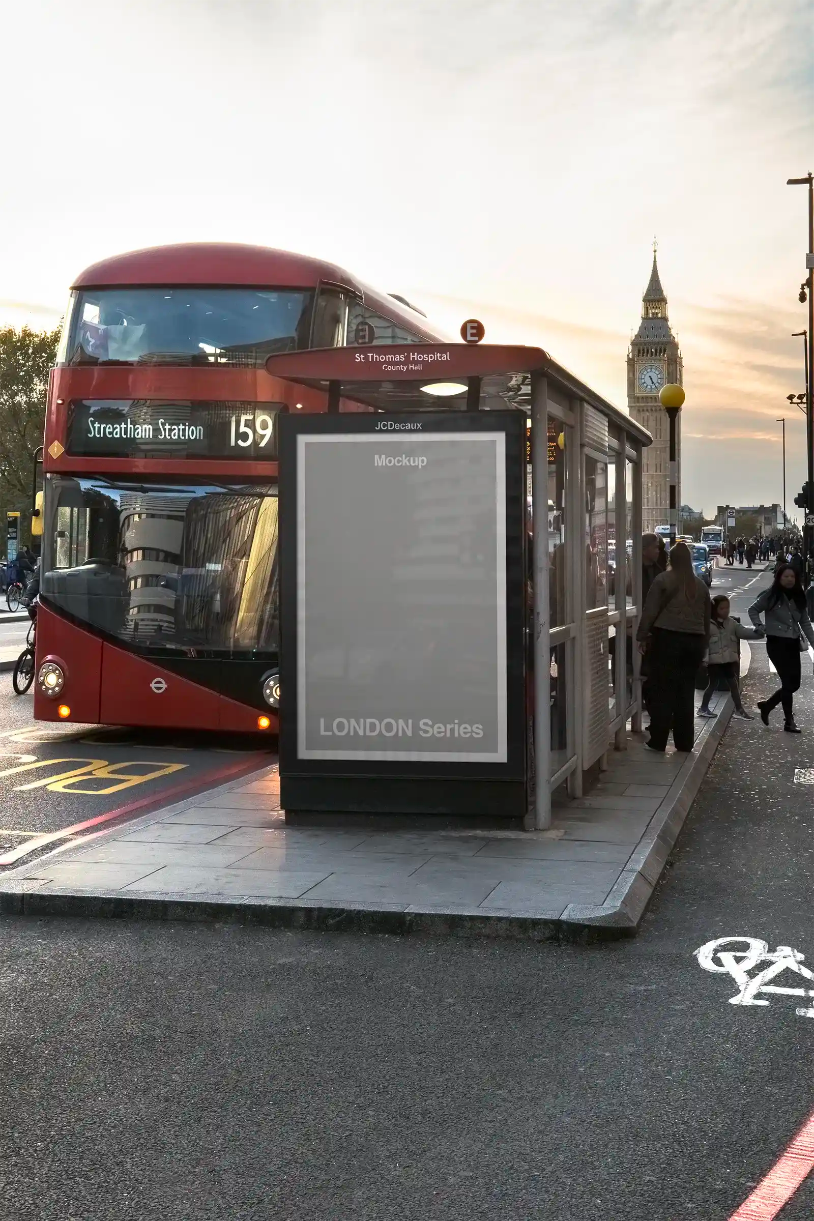 Billboard mockup in Westminster, Big Ben, London, UK. PSD Mockup on Photoshop for your design at a bus shelter 4
