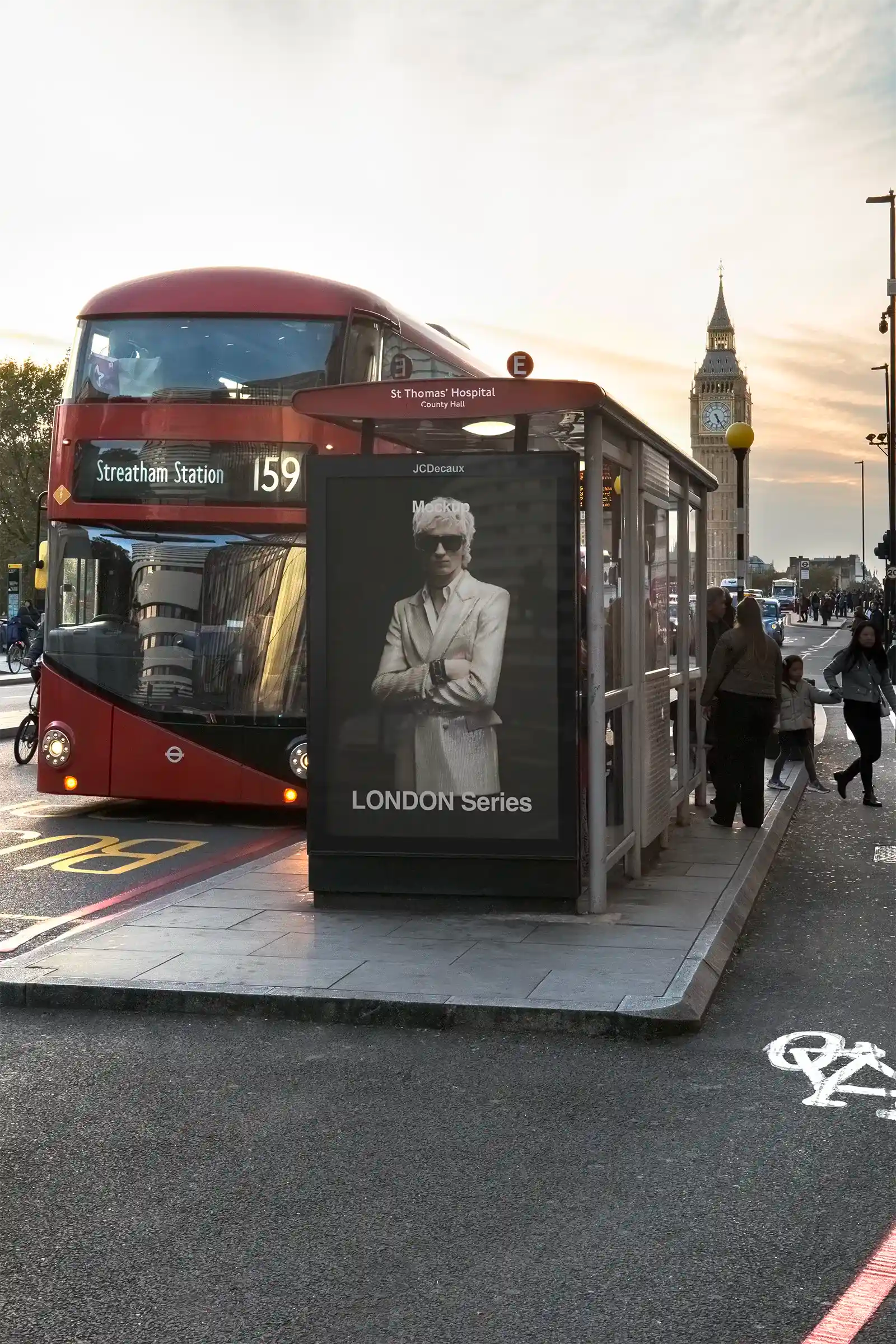 Billboard mockup in Westminster, Big Ben, London, UK. PSD Mockup on Photoshop for your design at a bus shelter 5