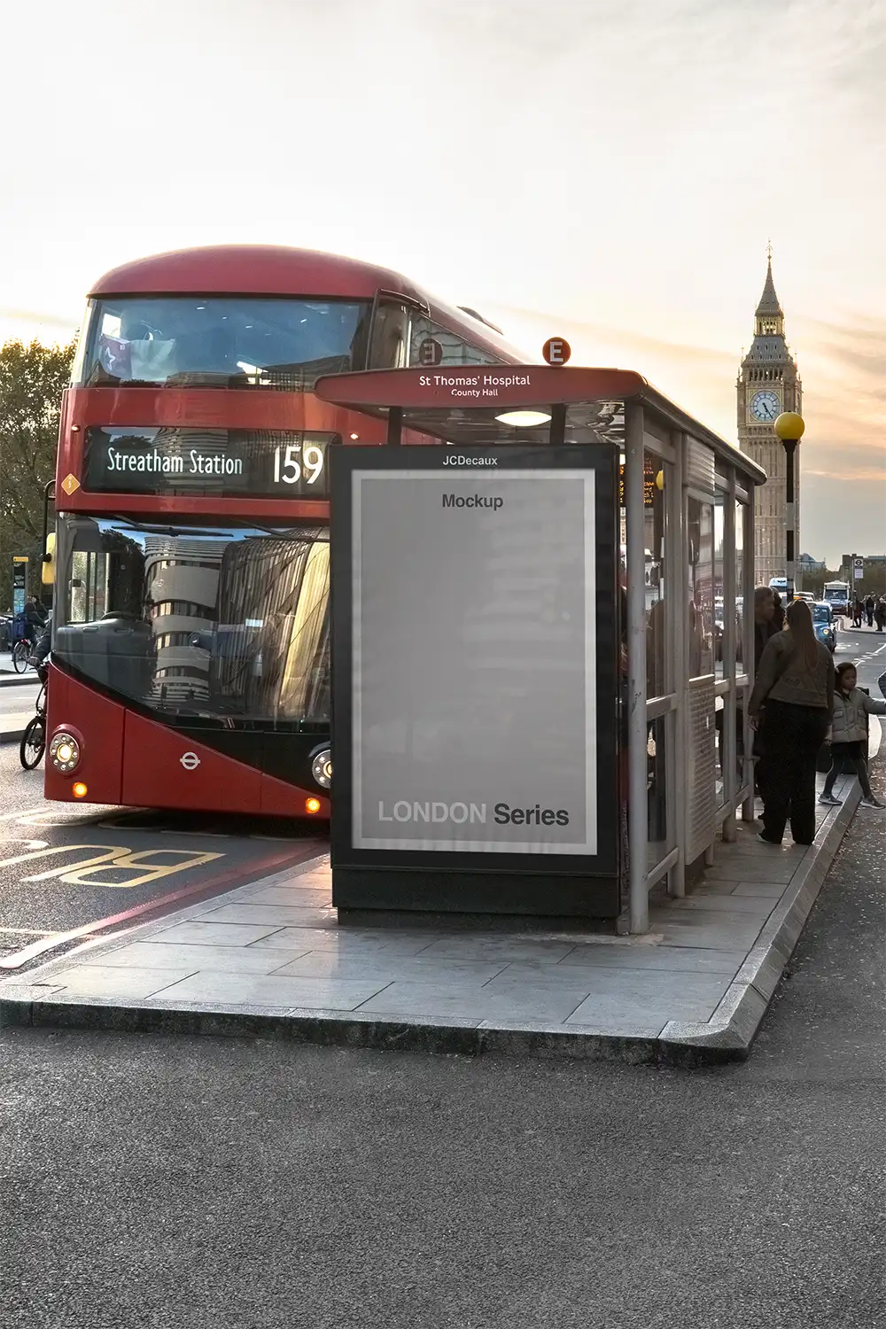 Billboard mockup on a bus shelter in Westminster with Big Ben in London. © BRANDACLE MOCKUPS 2026.
