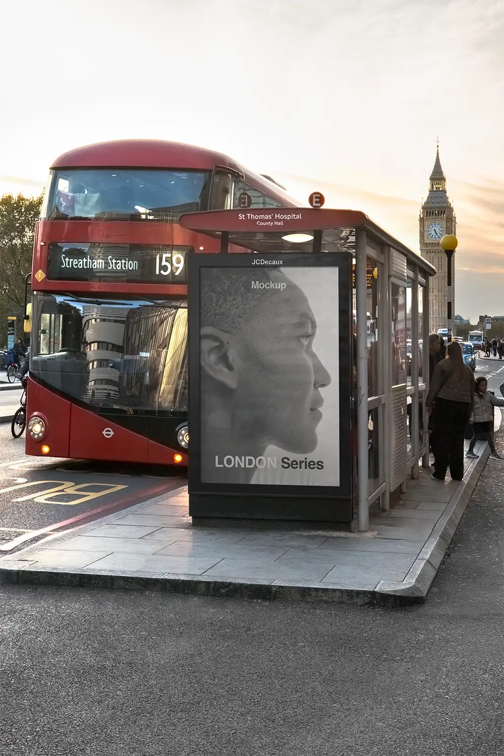 Billboard mockup on a bus shelter in Westminster with Big Ben in London. © BRANDACLE MOCKUPS 2026.