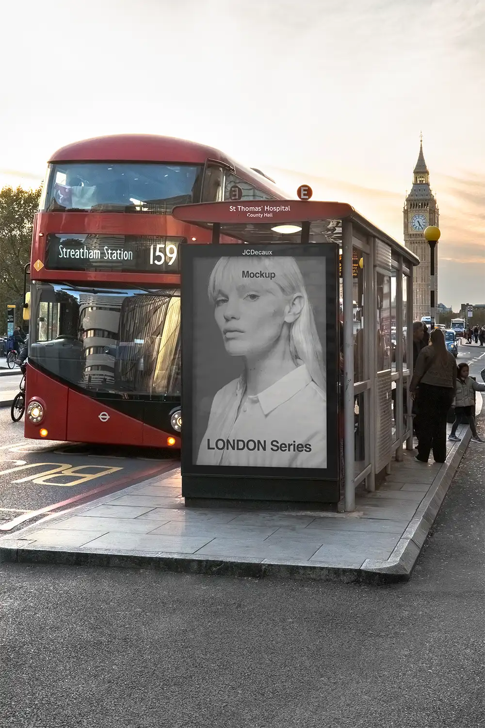 Billboard mockup on a bus shelter in Westminster with Big Ben in London. © BRANDACLE MOCKUPS 2026.