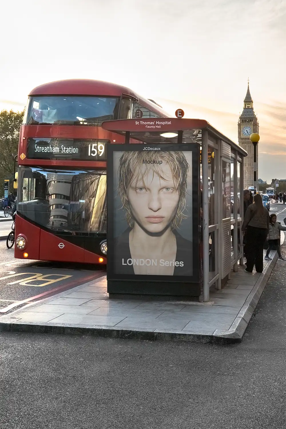 Billboard mockup on a bus shelter in Westminster with Big Ben in London. © BRANDACLE MOCKUPS 2026.