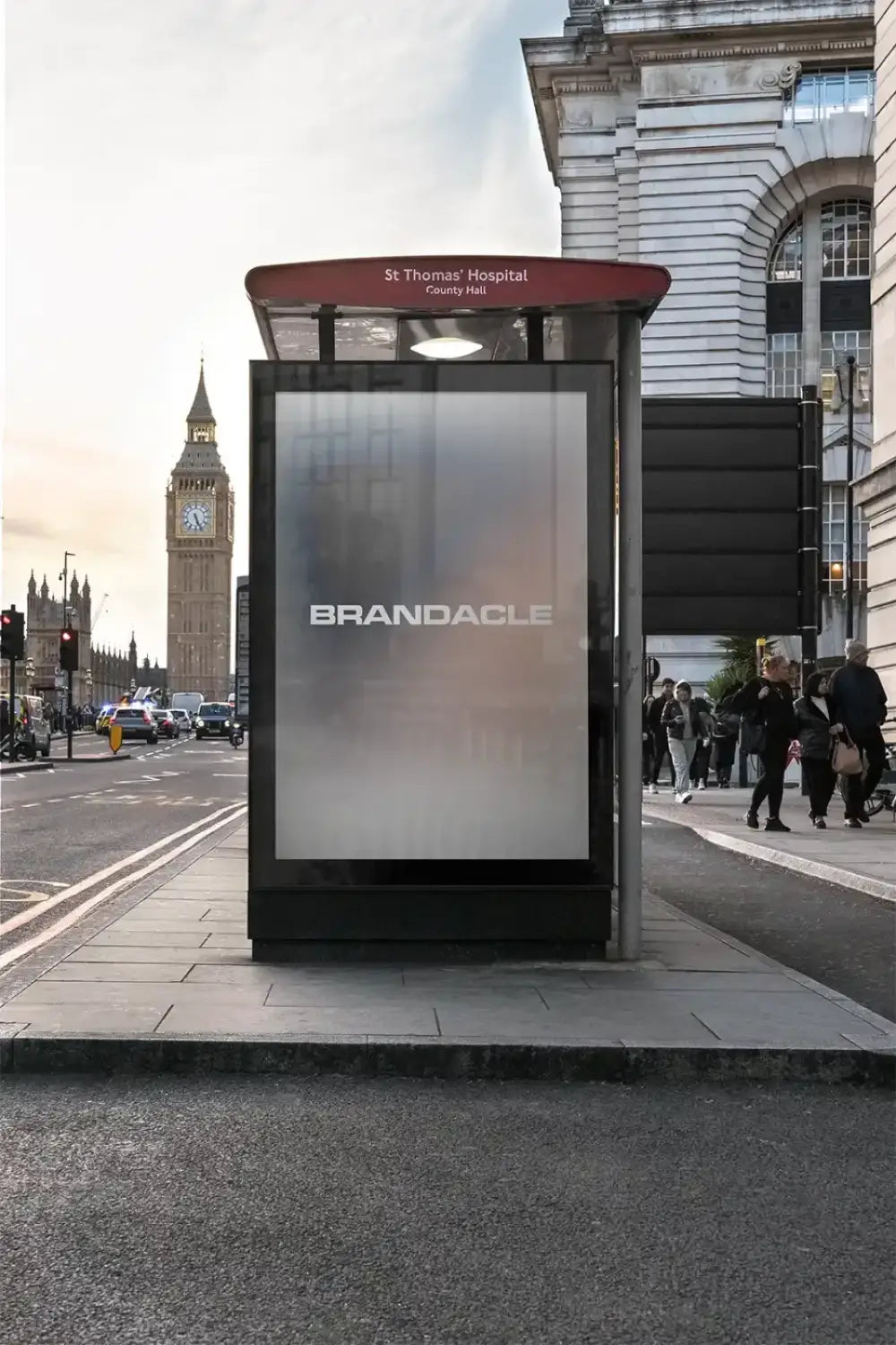 Billboard mockup on a bus shelter, with the big ben and westminster in London