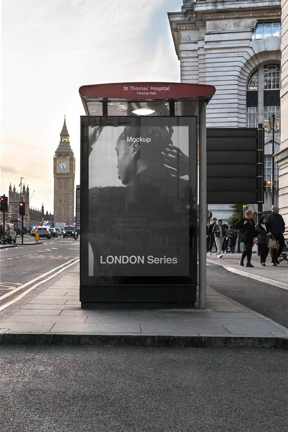 Billboard mockup on a bus shelter, with the big ben and westminster in London