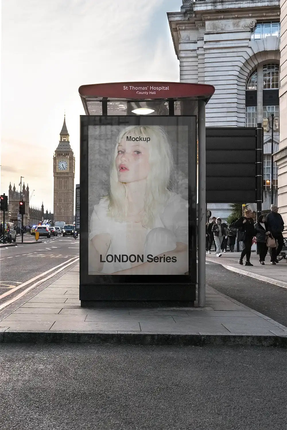 Billboard mockup on a bus shelter, with the big ben and westminster in London