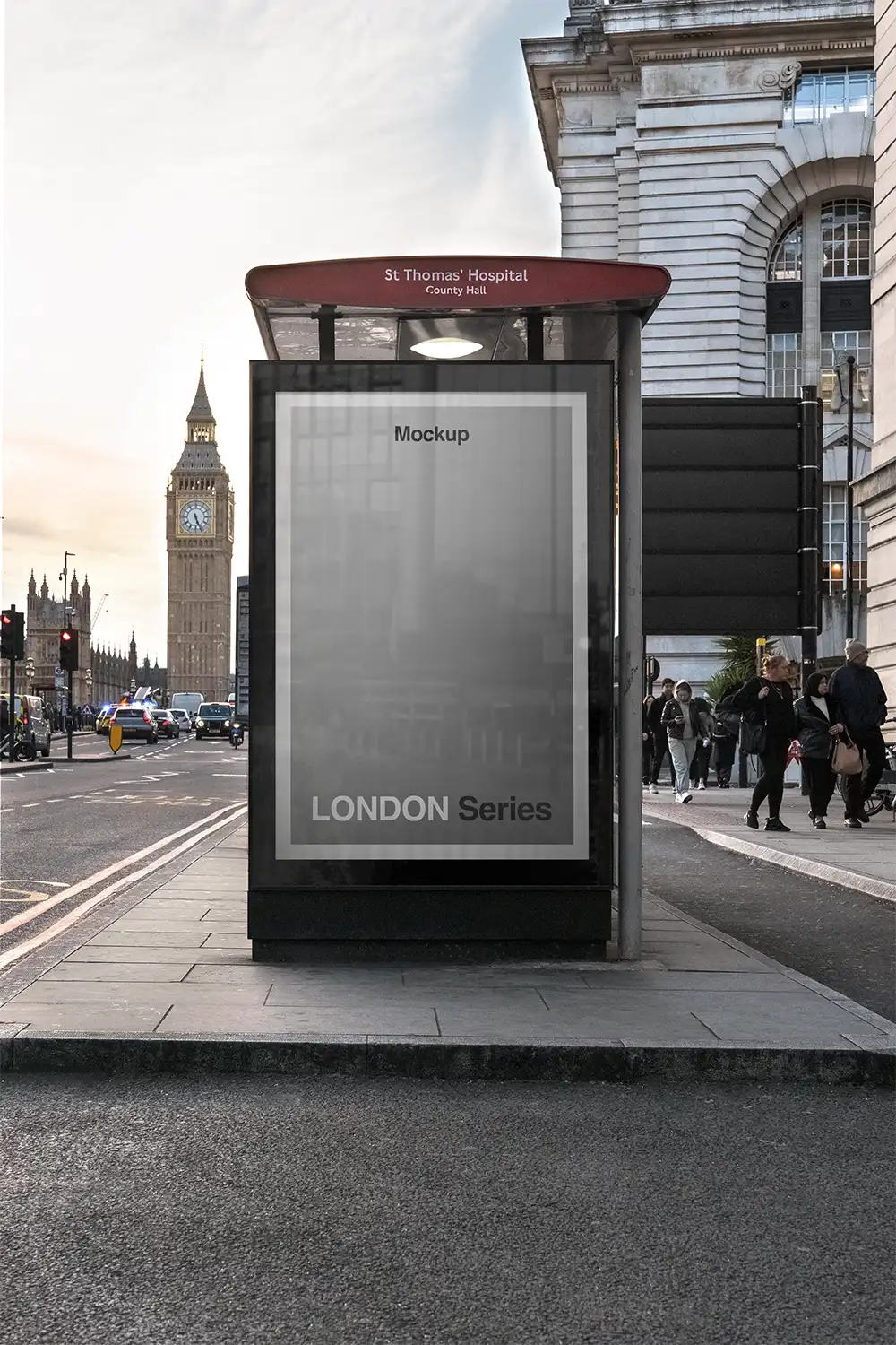 Billboard mockup on a bus shelter, with the big ben and westminster in London © BRANDACLE MOCKUPS 2026. All rights reserved.