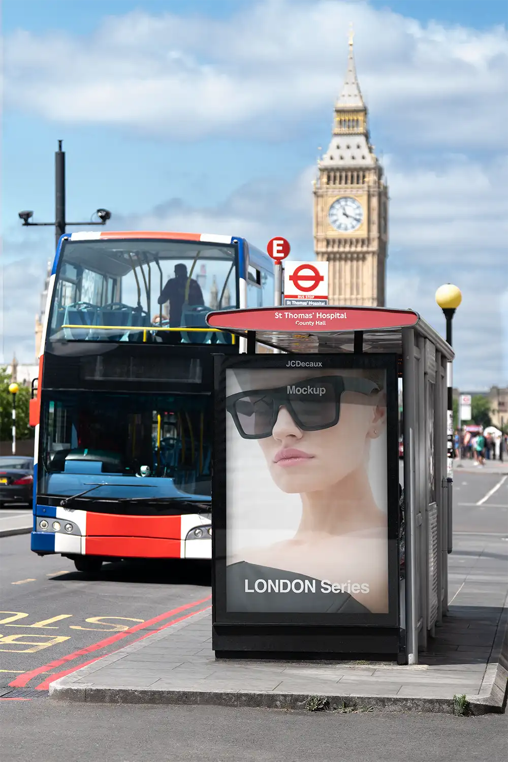 Poster billboard on a bus shelter in London against the backdrop of Big Ben and Parliament in Westminster. © BRANDACLE MOCKUPS 2026.
