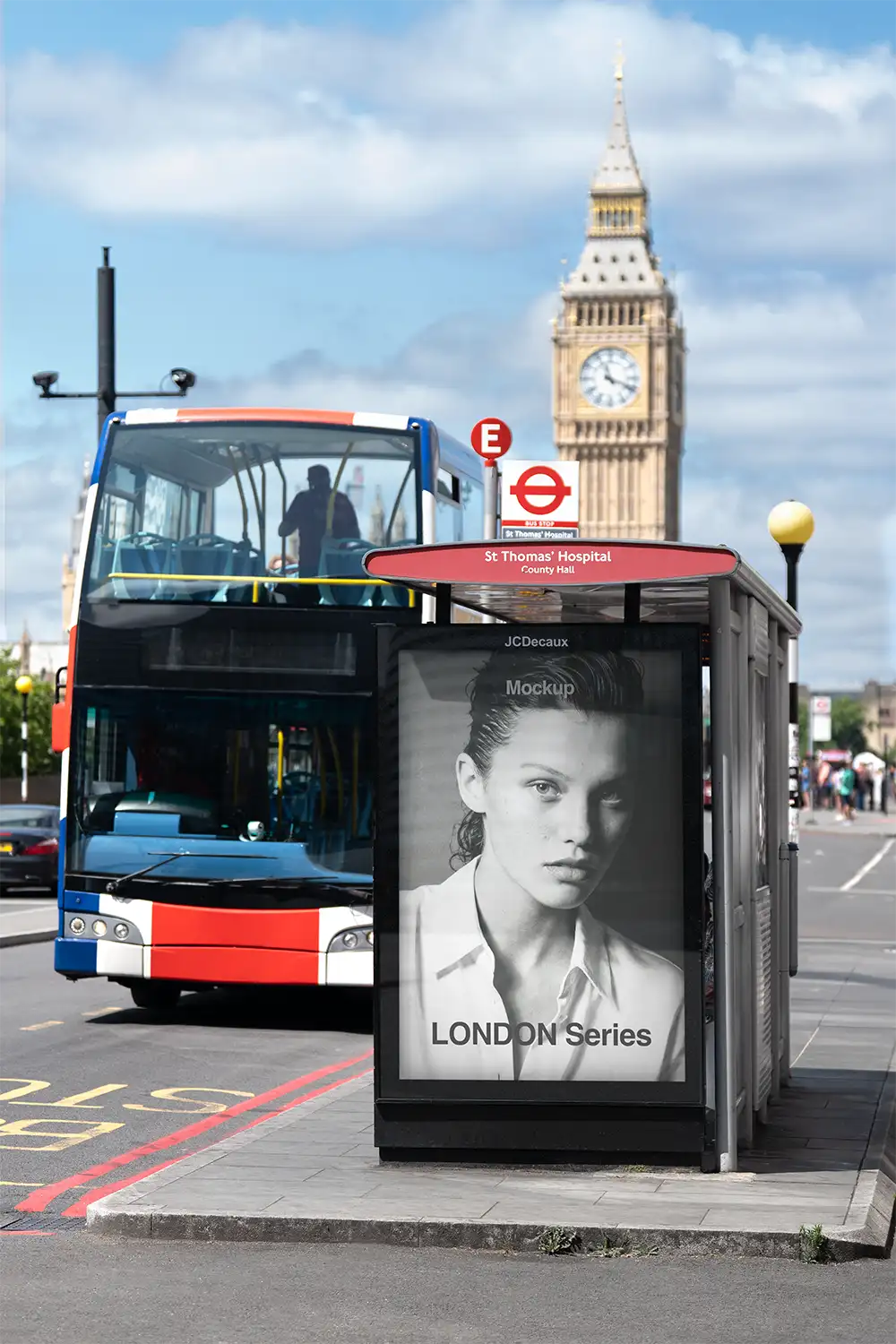Poster billboard on a bus shelter in London against the backdrop of Big Ben and Parliament in Westminster. © BRANDACLE MOCKUPS 2026.