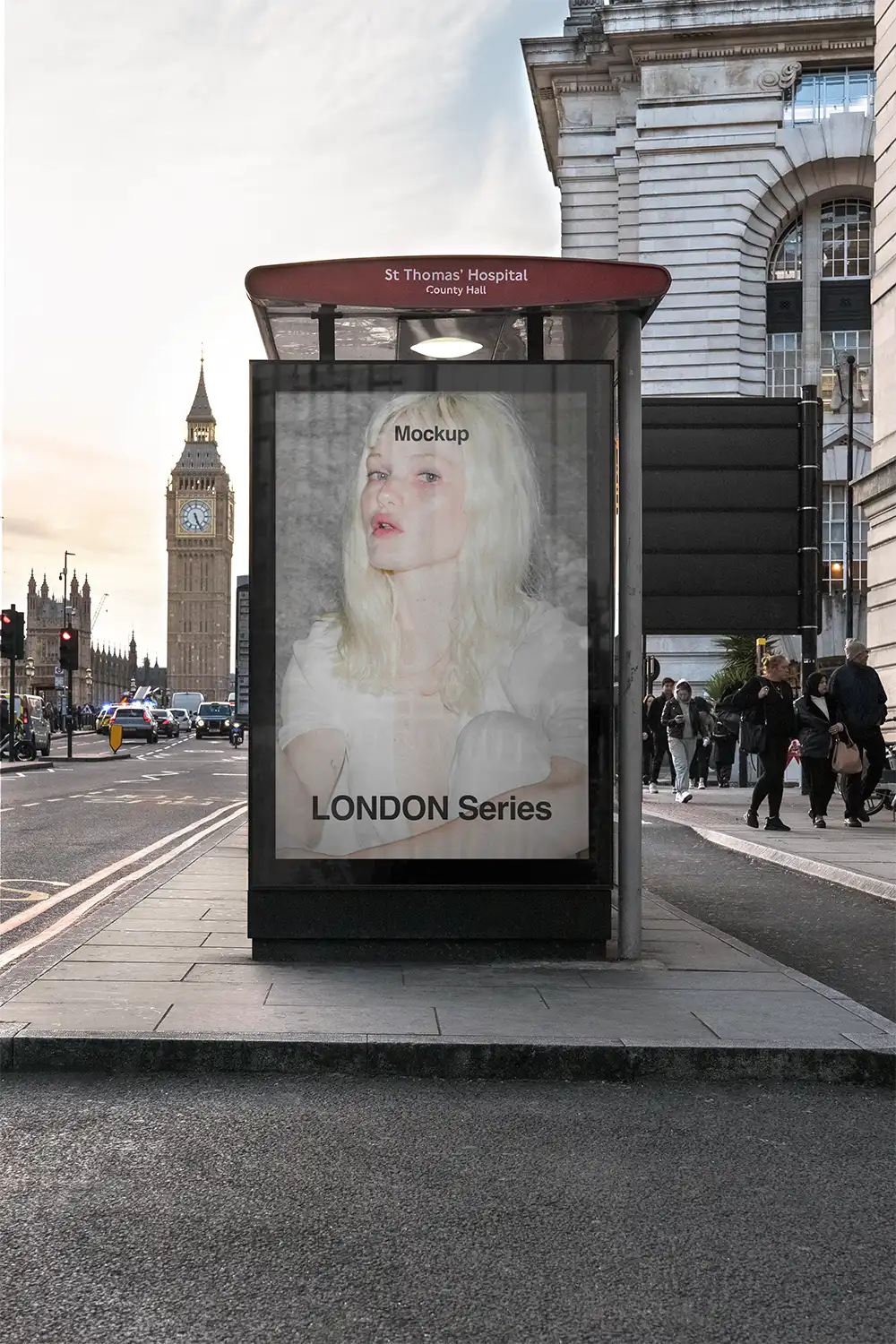 poster mockup on a bus shelter, with the big ben and westminster in London