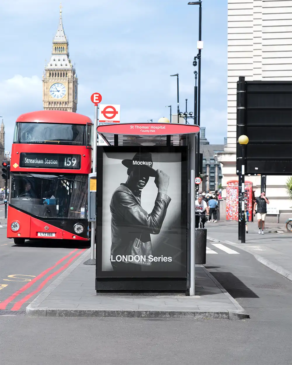 Poster mockup on a bus shelter in London against the backdrop of Big Ben and Parliament. © 2026 BRANDACLE MOCKUPS.