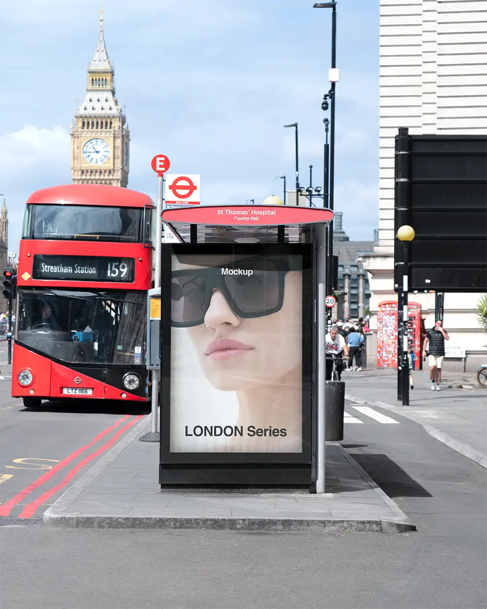 Poster mockup on a bus shelter in London against the backdrop of Big Ben and Parliament. © 2026 BRANDACLE MOCKUPS