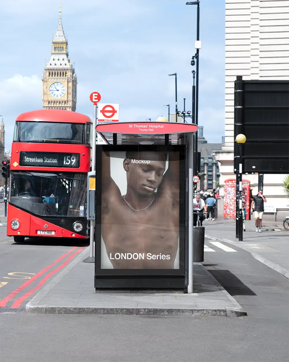 Poster mockup on a bus shelter in London against the backdrop of Big Ben and Parliament. © 2026 BRANDACLE MOCKUPS.