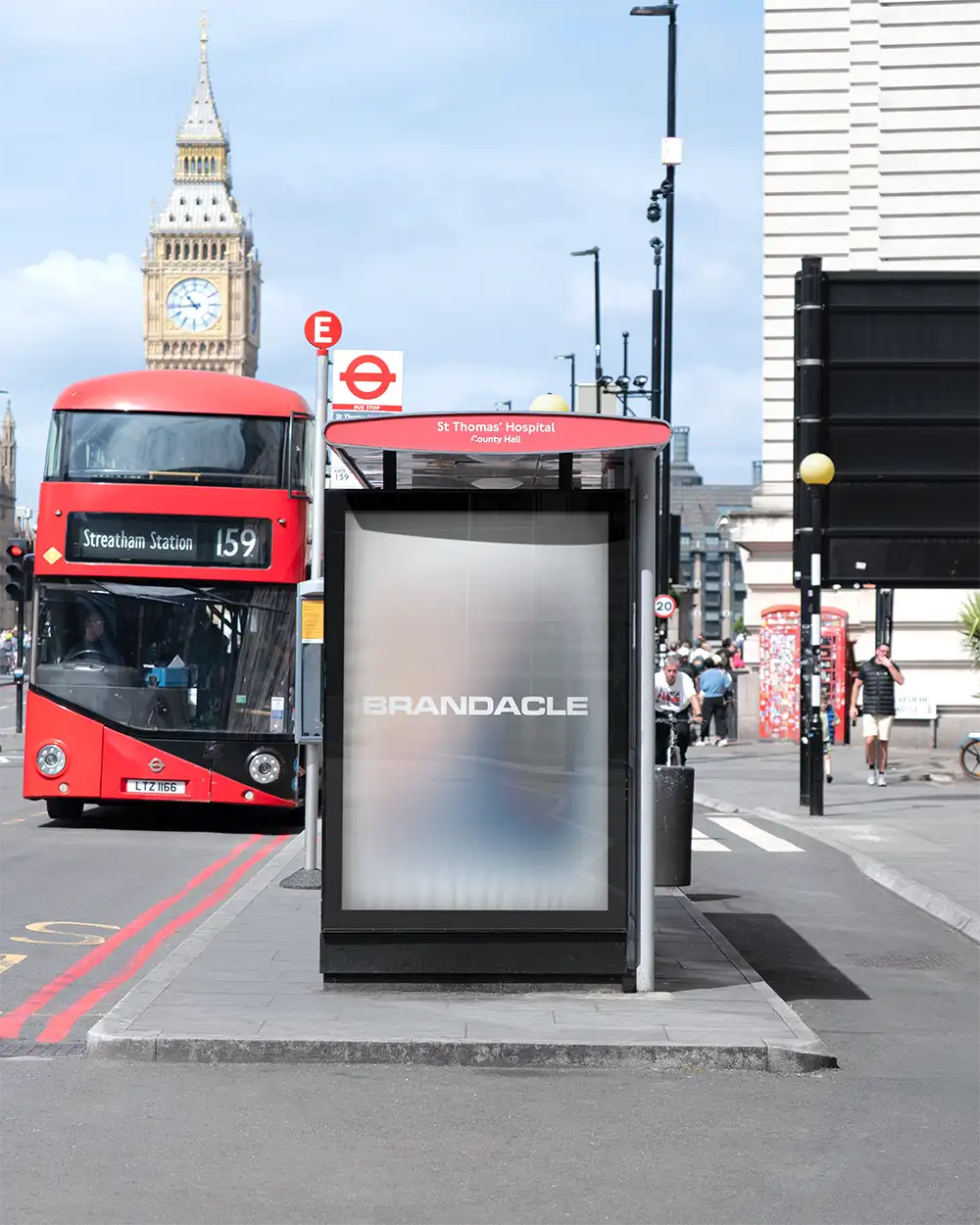 Poster mockup on a bus shelter in London against the backdrop of Big Ben and Parliament. © 2026 BRANDACLE MOCKUPS.